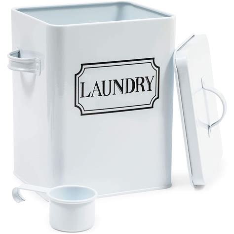 white metal laundry storage box|laundry room detergent containers.